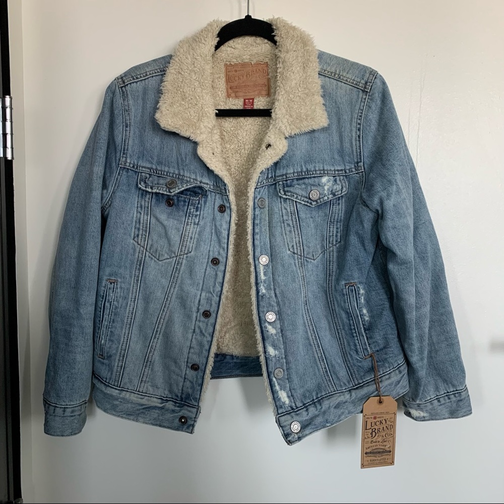 Lucky Brand distressed denim sherpa jacket - size M